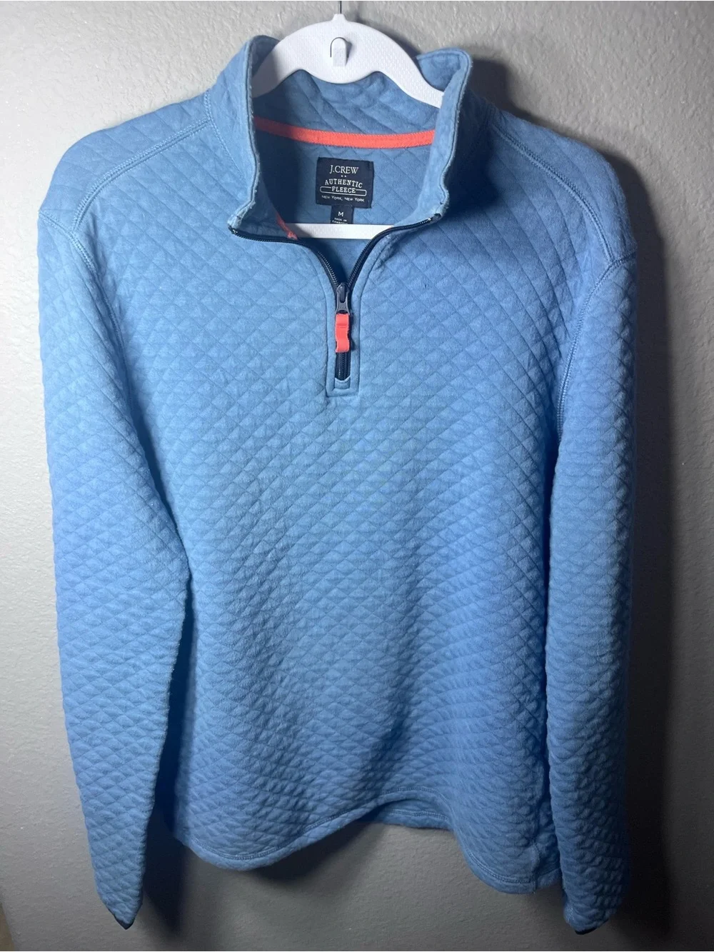 J. Crew Men’s Sky Blue Quilted Half-Zip Pullover with Coral Trim